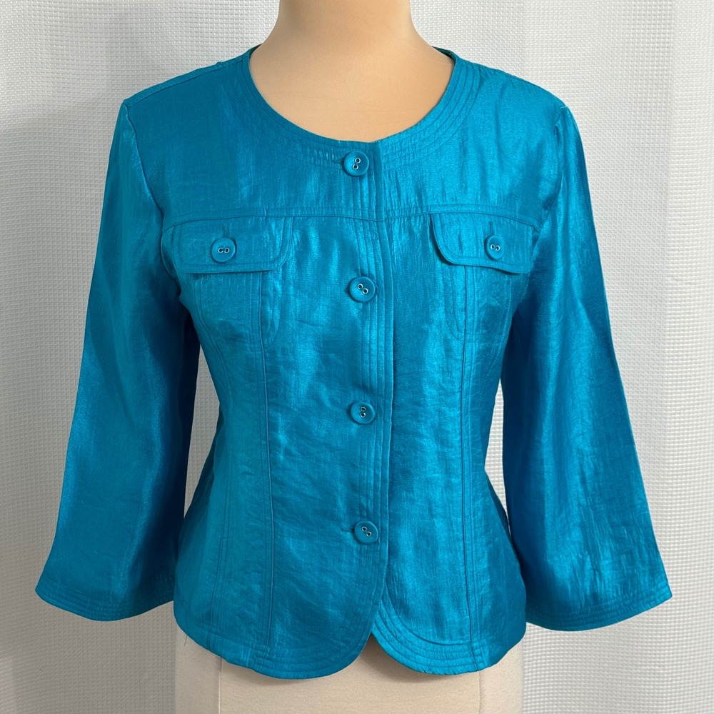 Ruby Rd. Women's Vibrant Aqua Blue Button Front Jacket